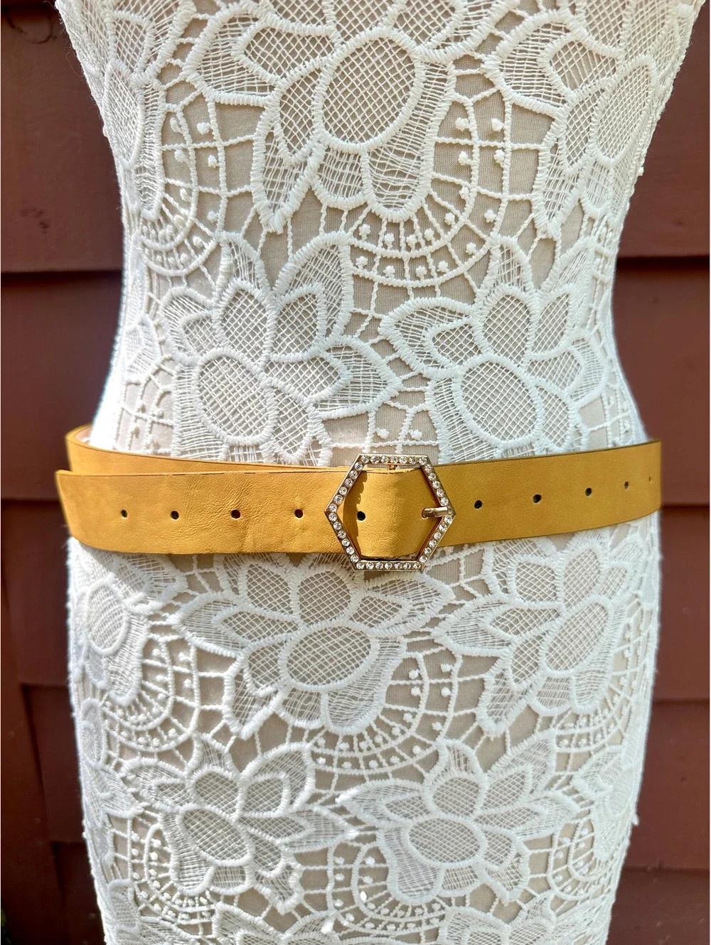 Stylish Mustard Faux Leather Belt with Rhinestone Hexagon Buckle